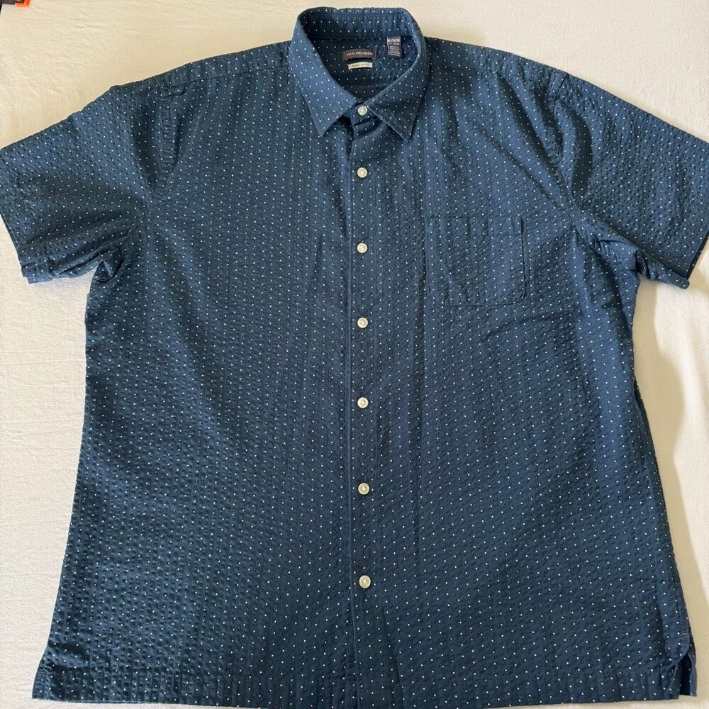 Van Heusen | Navy White Dot Seersucker Short Sleeve Shirt | Men’s XL